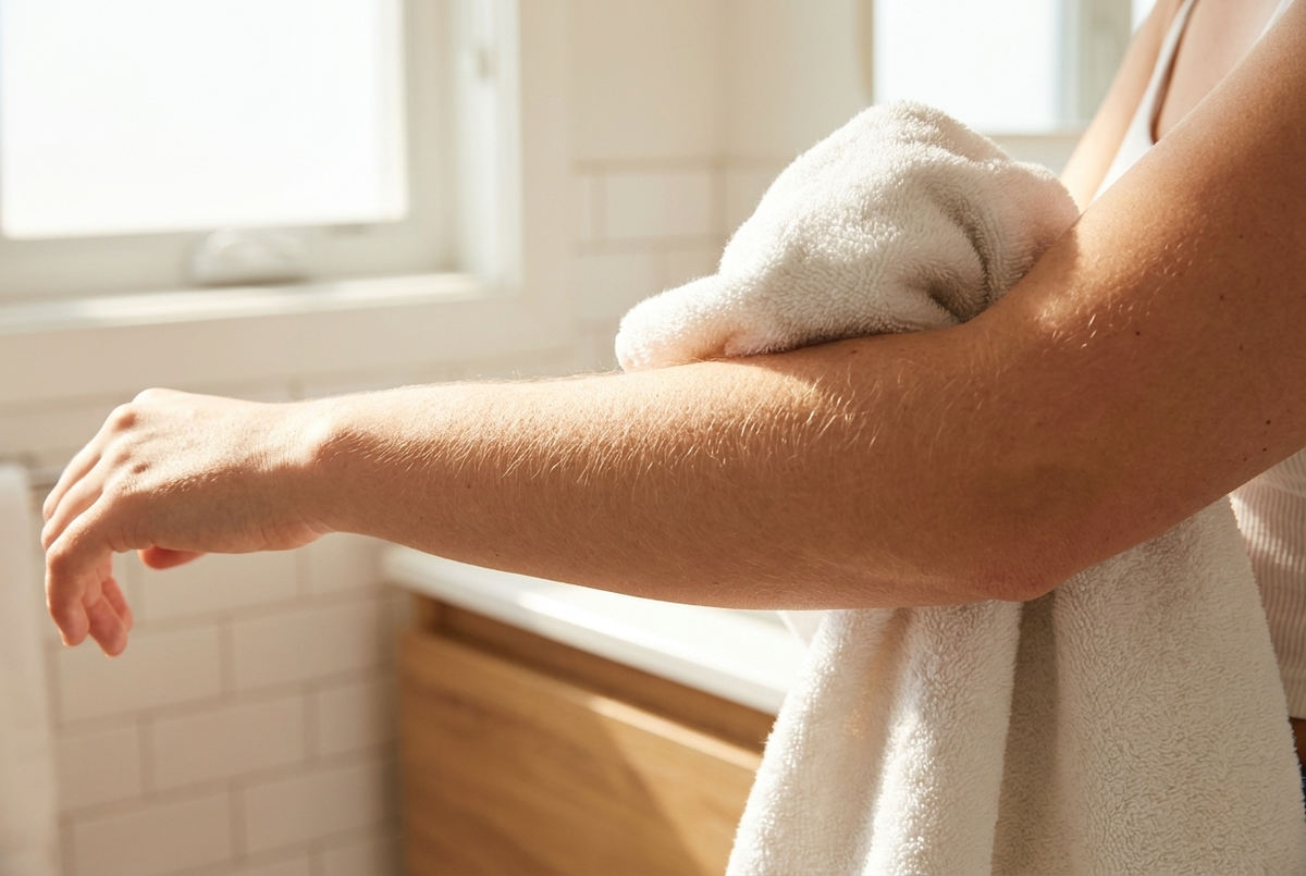 Towel-drying leg, sunlit bathroom, 1:1